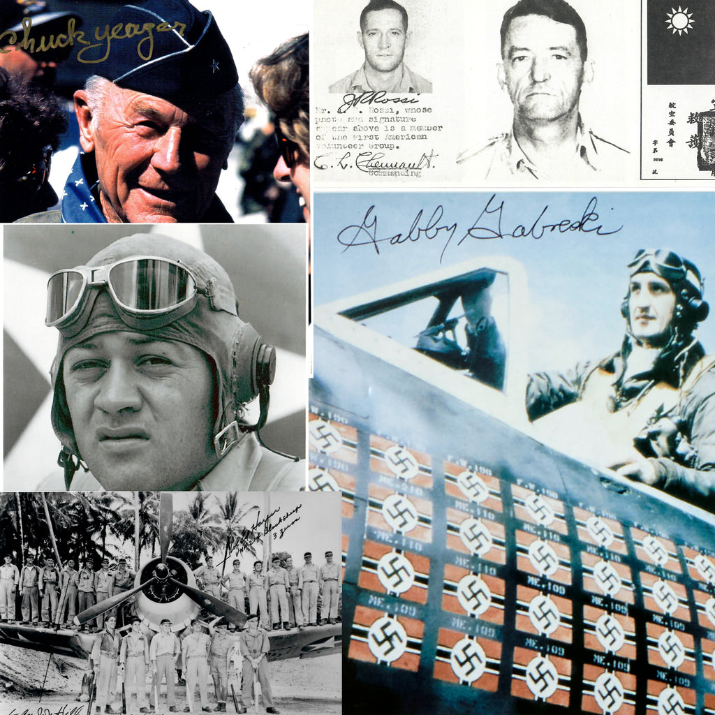 Original U.S. WWII Large Ace Pilot Signature Lot Featuring USMC Major Gregory “Pappy” Boyington and Brigadier General Charles Elwood “Chuck” Yeager Original Items
