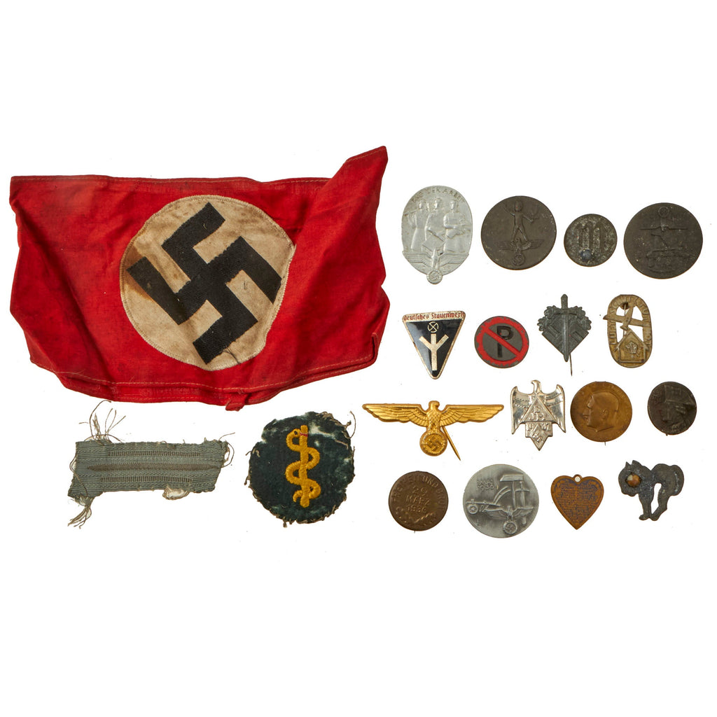Original German WWII USGI Bring Back Tinnie & Insignia Grouping with NSDAP Armband - 19 Items Original Items