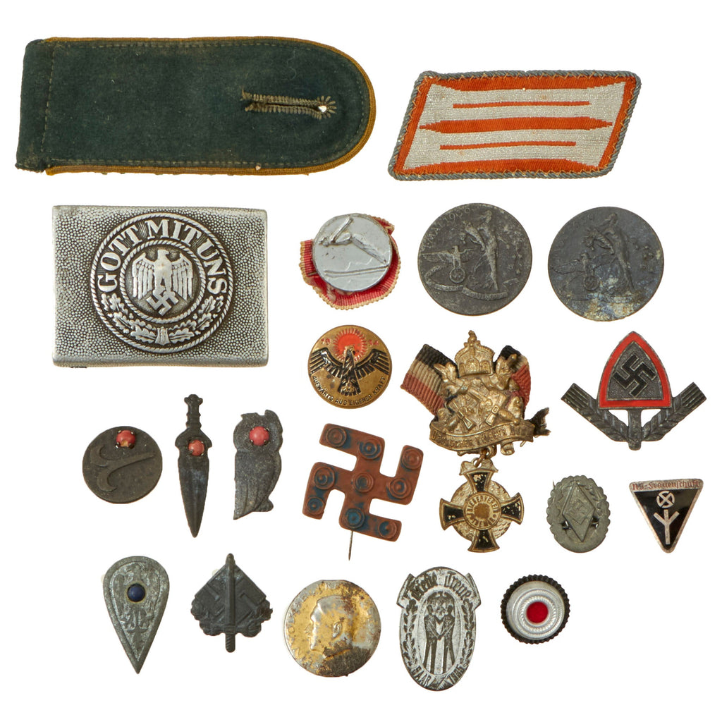 Original German WWII USGI Bring Back Belt Buckle, Tinnie, and Insignia Grouping - 20 Items Original Items