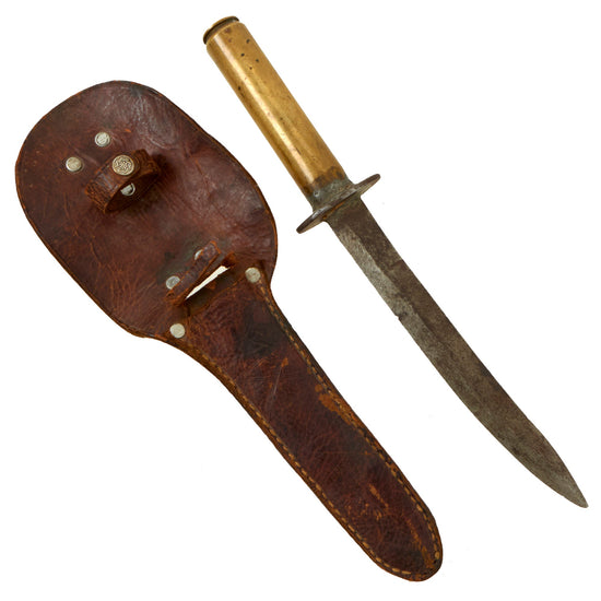 Original U.S. WWII Theater Made Fighting Knife With Spent 20mm Shell Casing Handle and  Leather Scabbard Original Items