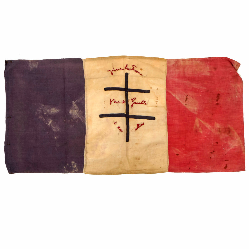 Original France WWII Free French Cross of Lorraine Flag Embroidered With “Vive La France, Vive De Gaulle et nos Allies” - 42” x 21” Original Items