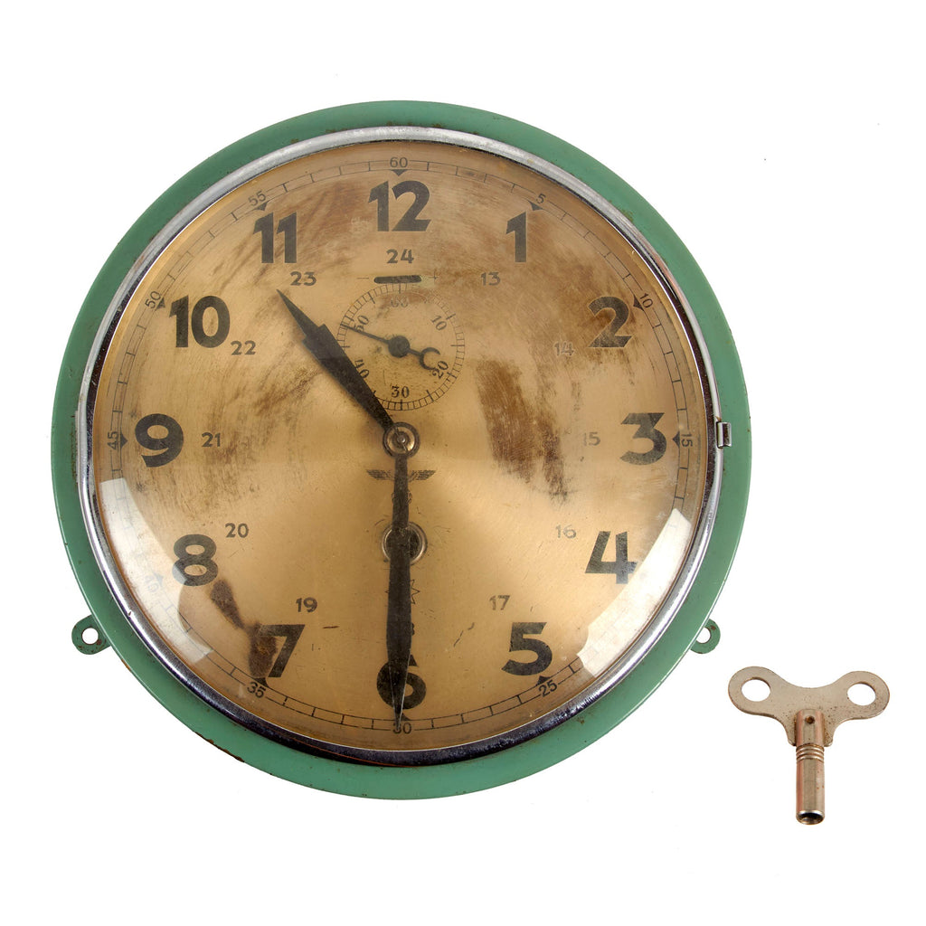 Original German WWII Kriegsmarine Navy Marked Brass Ships Clock by Junghans with Key - Fully Functional Original Items