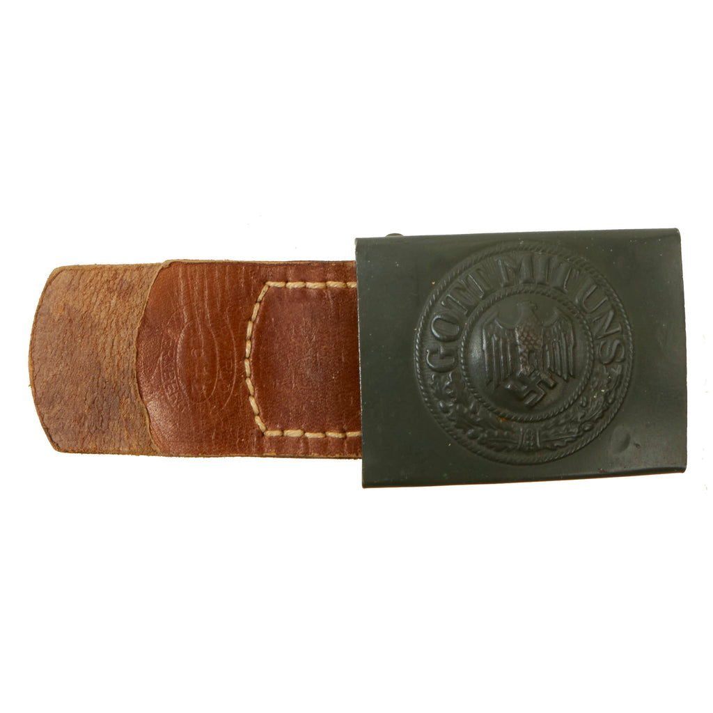 Original German WWII Army Heer Unissued Steel Belt Buckle with Leather Tab by H. Arld of Nürnberg - Dated 1942 Original Items