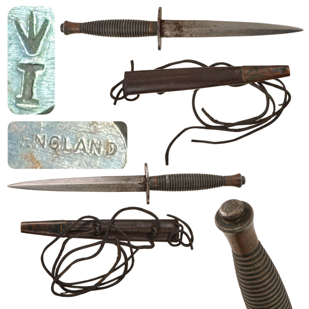 Original British WWII Early Import-Marked 3rd Pattern Broad Arrow Marked Fairbairn-Sykes Fighting Knife with Period Cut-Down Scabbard for Leg Wear Original Items