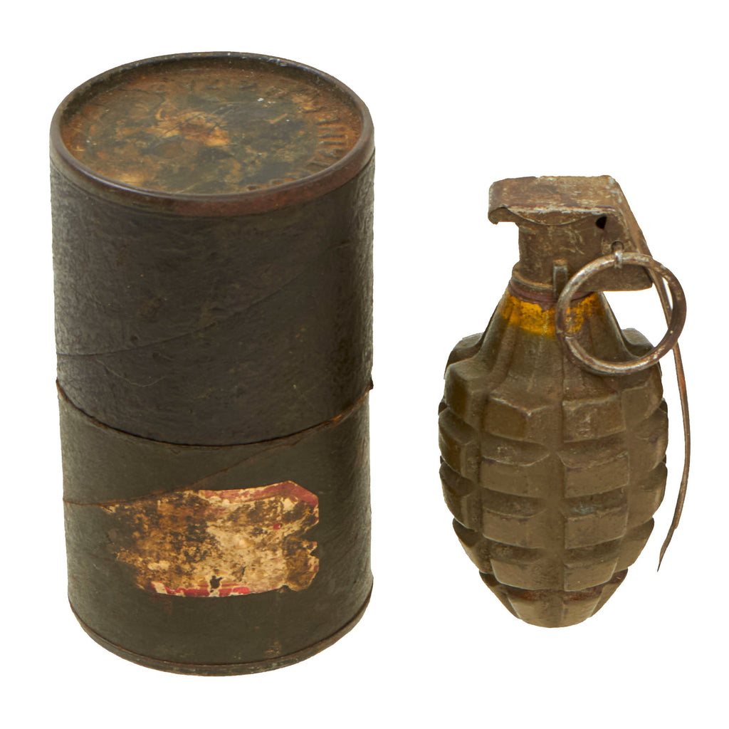 Original U.S. WWII Inert MkII Pineapple Grenade with Yellow Ring, M10A3 Fuze and M47A2 Cardboard “Husk” Canister Original Items