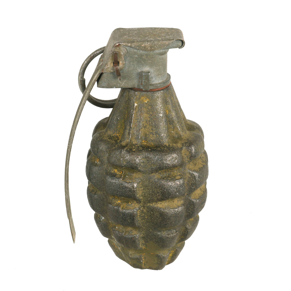 Original U.S. Early WWII Inert MkII Pineapple Fragmentation Grenade with Faded Yellow Paint & M10A2 Fuze Original Items