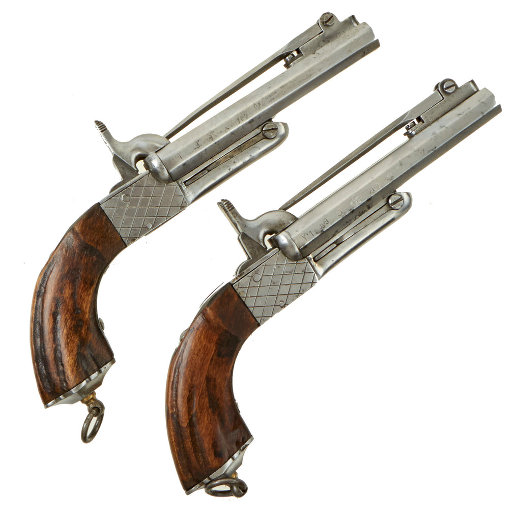 Original Set of Two French Style 9mm Pinfire Double Barrel Pistols with Hidden Triggers & Folding Bayonets - Serial 08067 & 08157- Circa 1850 Original Items