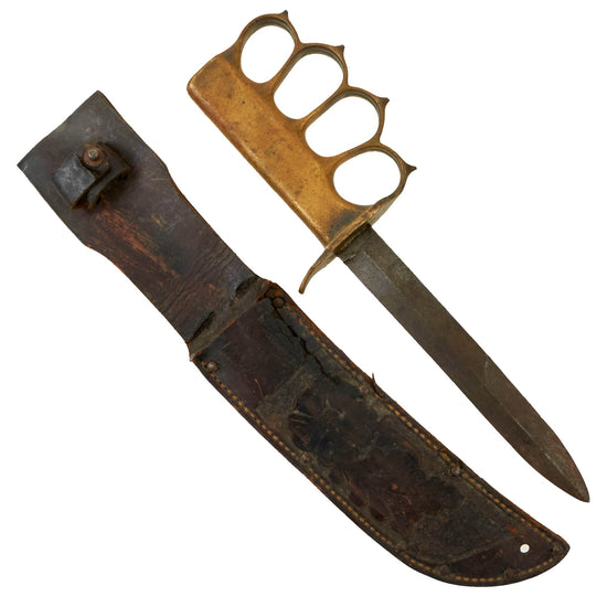 Original U.S. WWI/WWII Model 1918 Mark 1 Trench Knife “Paratrooper” Modified Grip With M3 Fighting Knife Blade and Leather Sheath Original Items