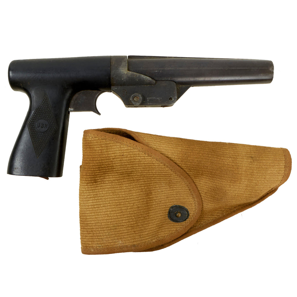 Original WWII U.S. Navy 10 Gauge Sedgley Mark 5 Signal Flare Pistol with Web Holster - dated 1943 Original Items