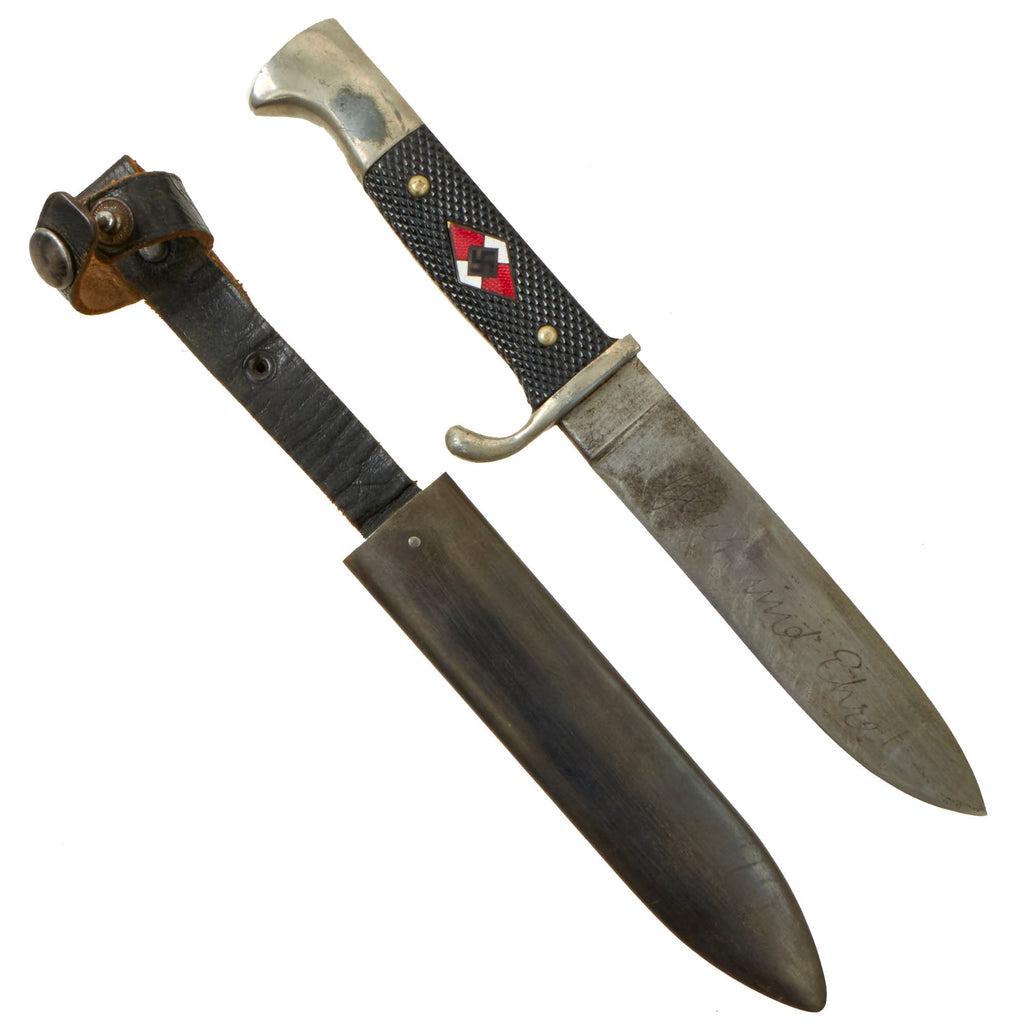 Original German WWII 1939 Dated Motto & RZM Marked Transitional HJ Knife by Rare Maker Ernst Pack & Söhne with Scabbard Original Items