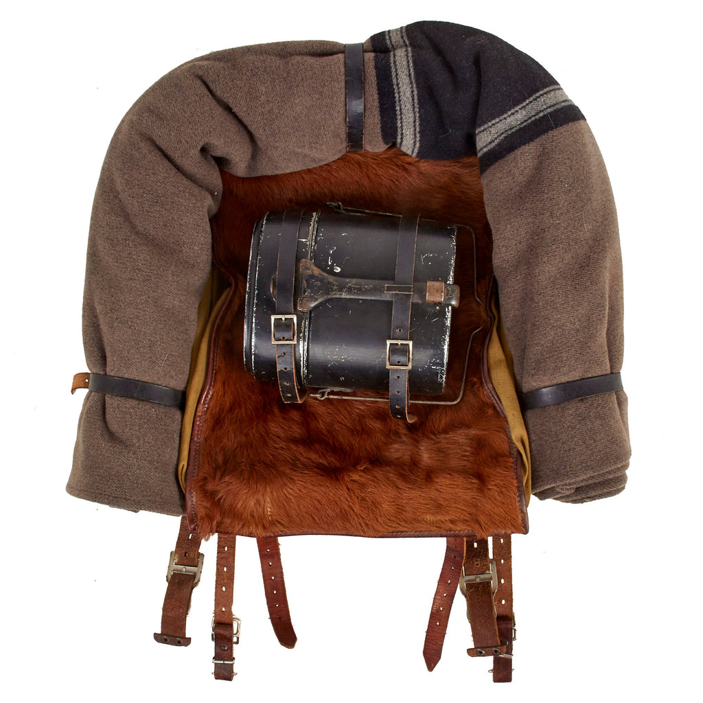 DRAFT Original German WWII Tornister 34 Cowhide Backpack with SS marked Blanket & 1939 Dated Shoulder Straps Original Items