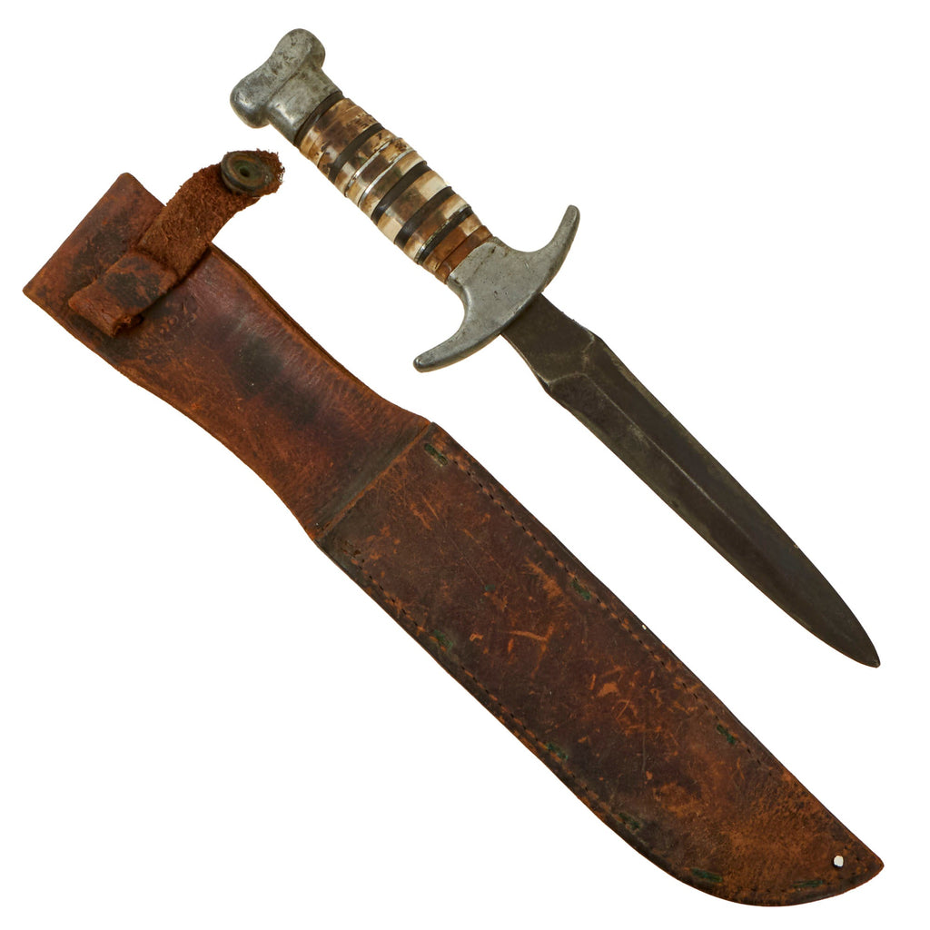 Original U.S. WWII Fighting Knife Made with Model 1918 Mark I Trench Knife Blade in 1943-Dated Boyt Scabbard Original Items