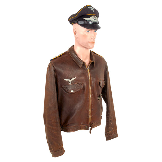 Original German WWII Luftwaffe Oberfeldwebel NCO's Leather Flight Jacket with EM/NCO Schirmmütze Visor Crush Cap Original Items