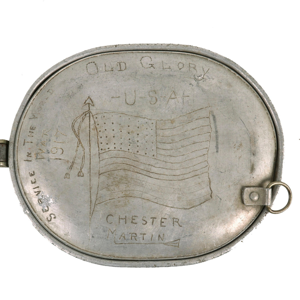 Original U.S. WWI Trench Art Engraved M1910 Mess Kit with American Flag - Chester Martin Original Items