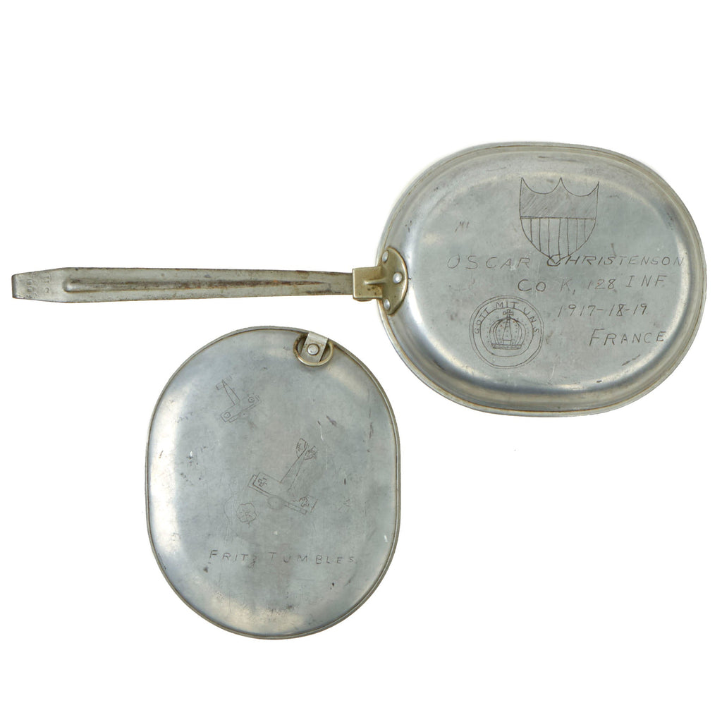 Original U.S. WWI Trench Art M1910 Mess Kit by L.F.&C. Personalized by Private Oscar Christenson, 128th Infantry Regiment, 32 Division As Featured In The Book “Trench Art, An Illustrated History” by Jane Kimball on Page 226 Original Items