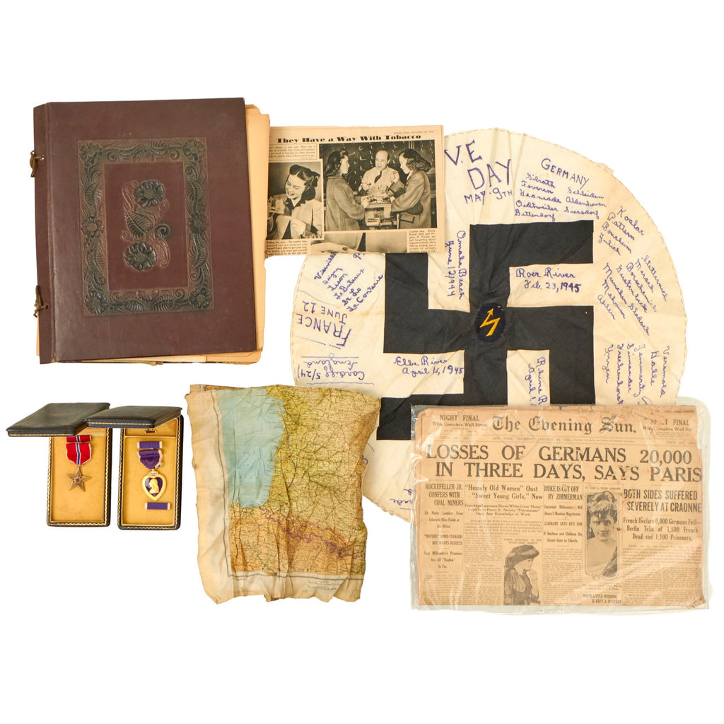 Original U.S. WWII 29th Infantry Division Bronze Star Group with Travel Diary German Flag Roundel & Scrapbook - T/5 John Burrows, 175th Infantry Regiment Original Items