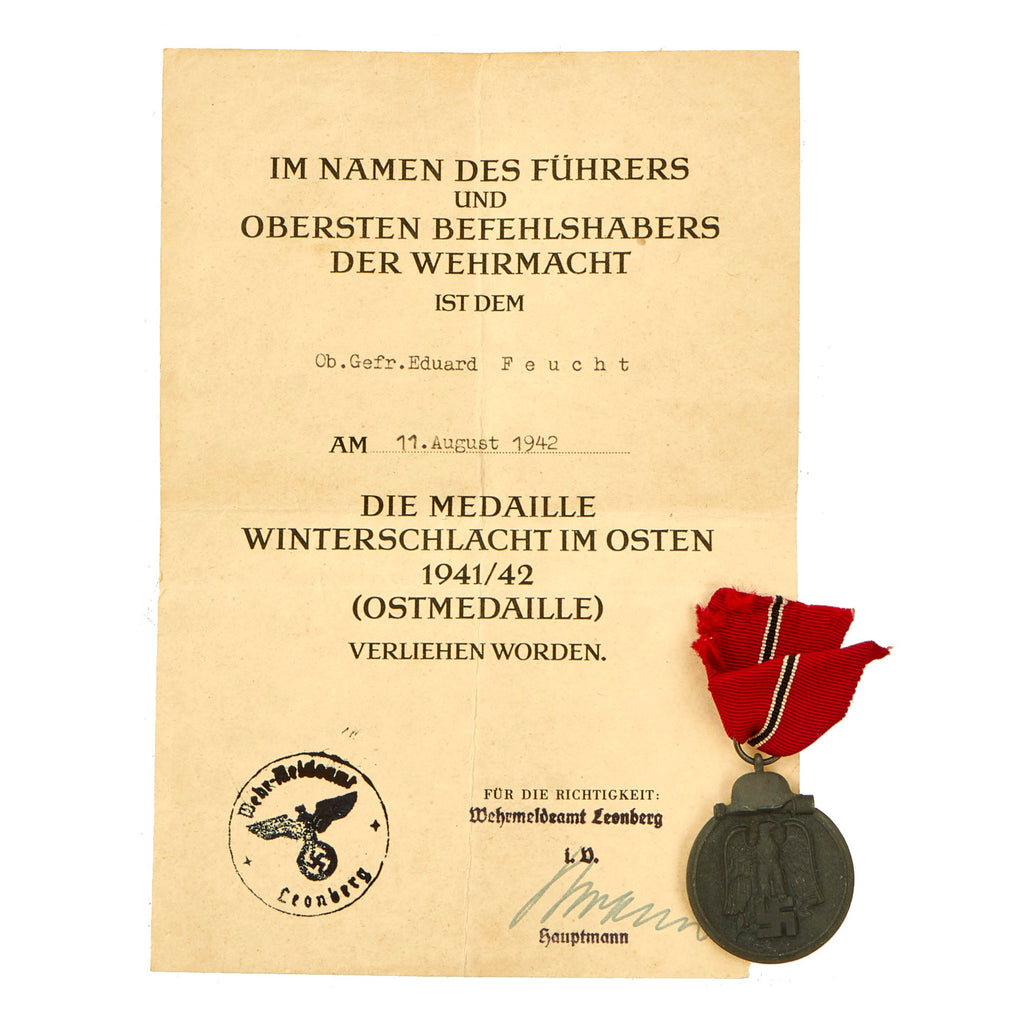 Original German WWII Eastern Front Medal with Named Award Document & Ribbon - Dated 1942 Original Items