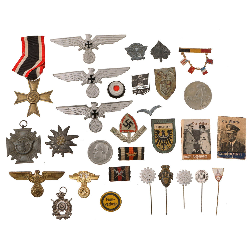 Original German WWII Award, Insignia and Tinnie Grouping with KVKII, NSDAP 10 Year Service Award, and more! - 30 Items Original Items