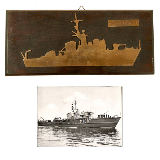 Original German WWII Souvenir Brass & Wood Kriegsmarine Navy Plaque of Minesweeper "KM-Boot Völklingen" Original Items