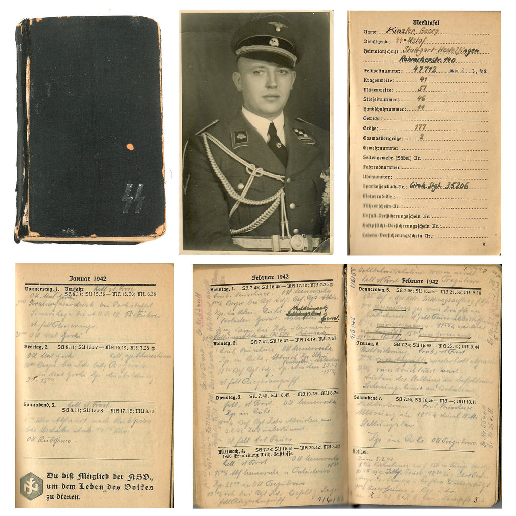 Original German WWII Waffen SS 3rd Panzer Division "Totenkopf" Officer HStuf. Georg Kinzler Personal Diary with Photo and Translation Original Items