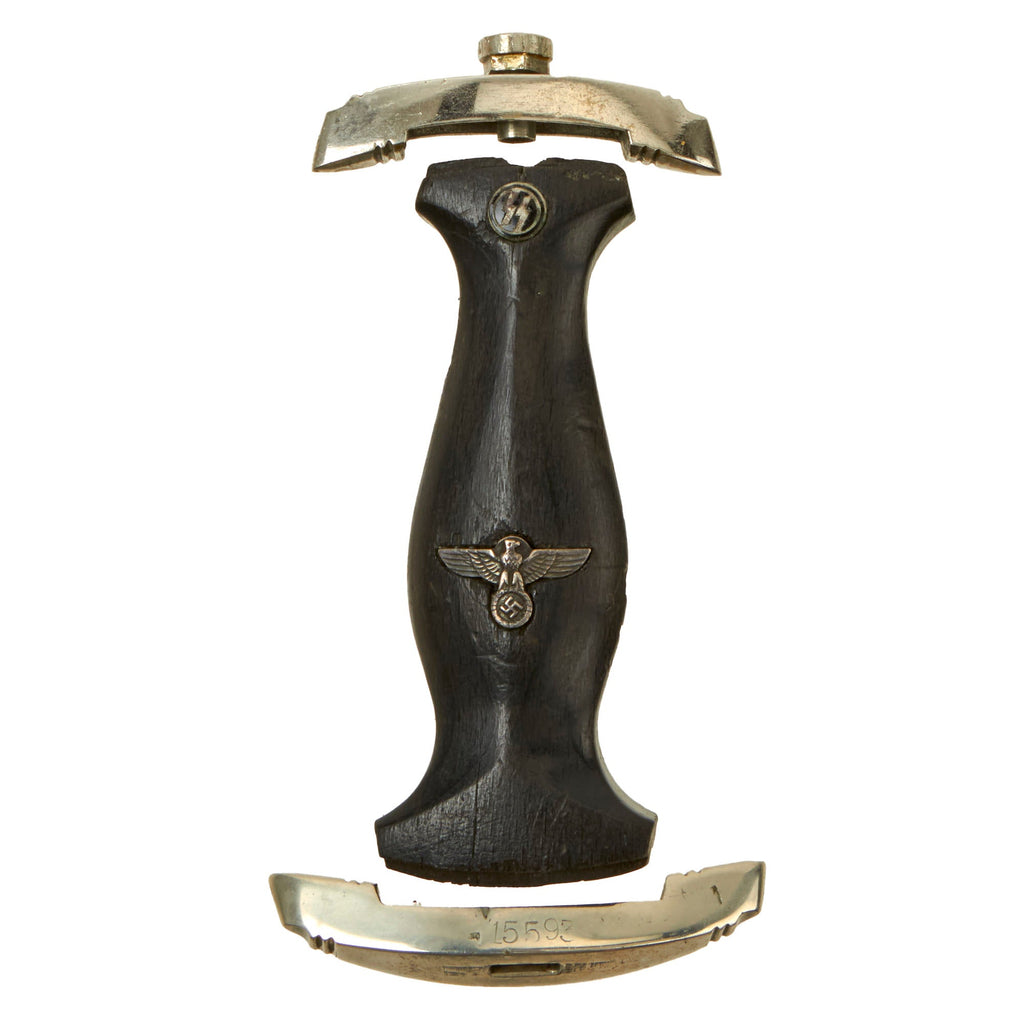 Original German WWII Early Numbered Model 1933 SS Dagger Fittings - Wood Grip with Insignia & Nickel Guards Original Items