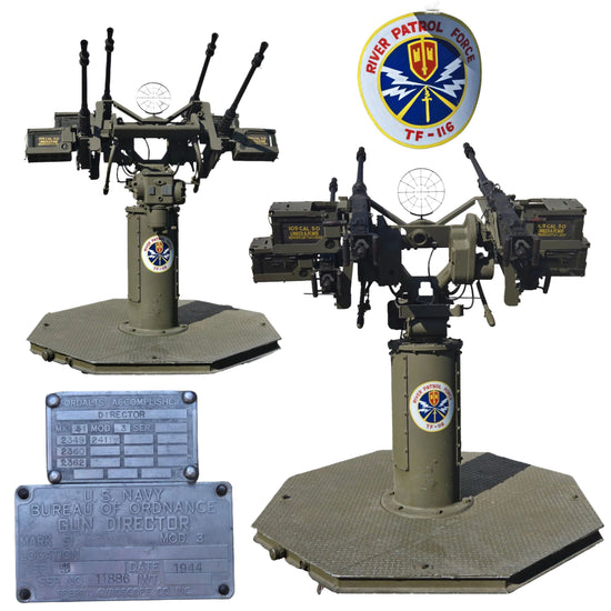 Original U.S. WWII Navy Quad-Mount .50 Cal Gun Director Mk. 51 Mod. 3 with Gun Sight Mark 15 & Four Inert M2 Browning Display Machine Guns on Original Base - Dated 1944 Original Items