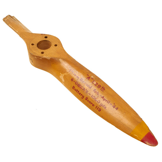 Original U.S. WWII 529th Field Artillery Battalion Shot Down Gunnery Target Drone Propeller Trophy - Dated April 1944 Original Items