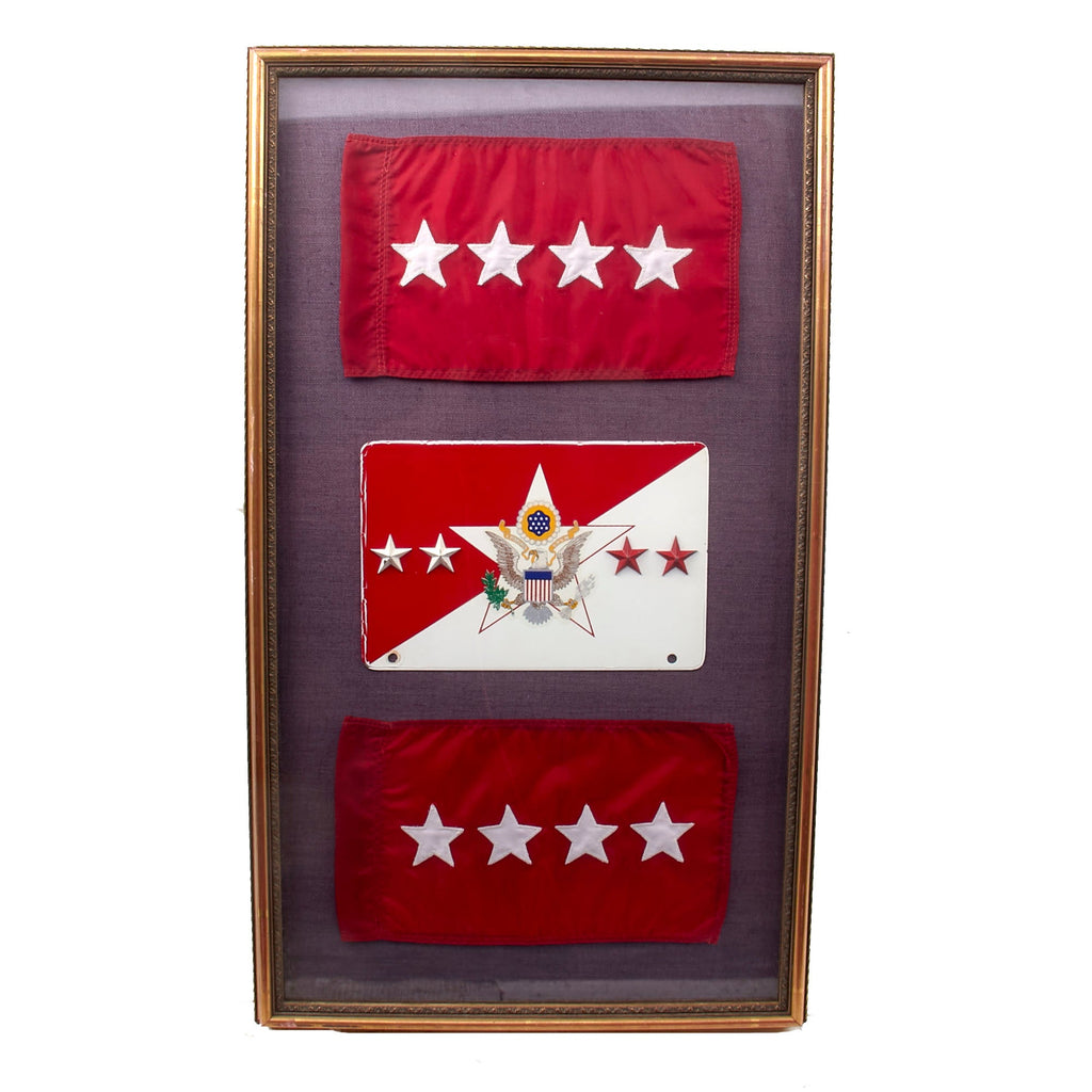 Original U.S. Vietnam War Era Framed Chief of Staff of the U.S. Army Vehicle Identification Plate & General Pennants - 15½ x 26½” Original Items