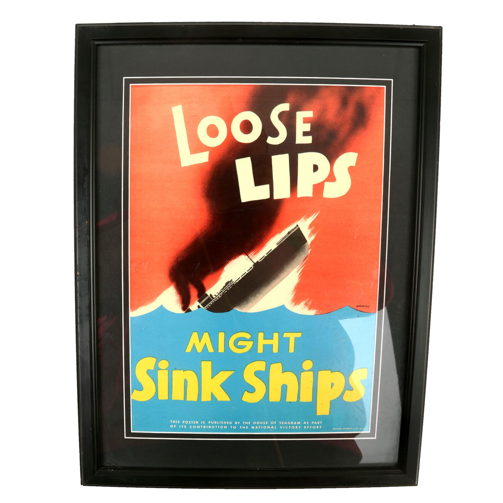 Original U.S. WWII Framed “Loose Lips Might Sink Ships” Anti-Espionage Propaganda Poster by Seymour R. Goff - 13¾ x 18¼” Original Items