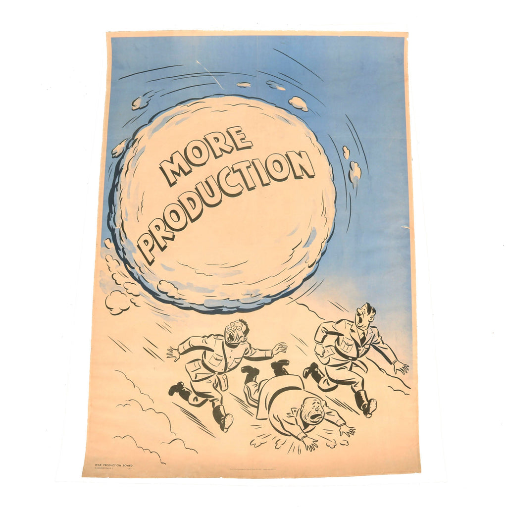 Original U.S. WWII Anti-Axis “More Production” Snowball Caricature Linen-Backed Propaganda Poster - 28½ x 40” Original Items
