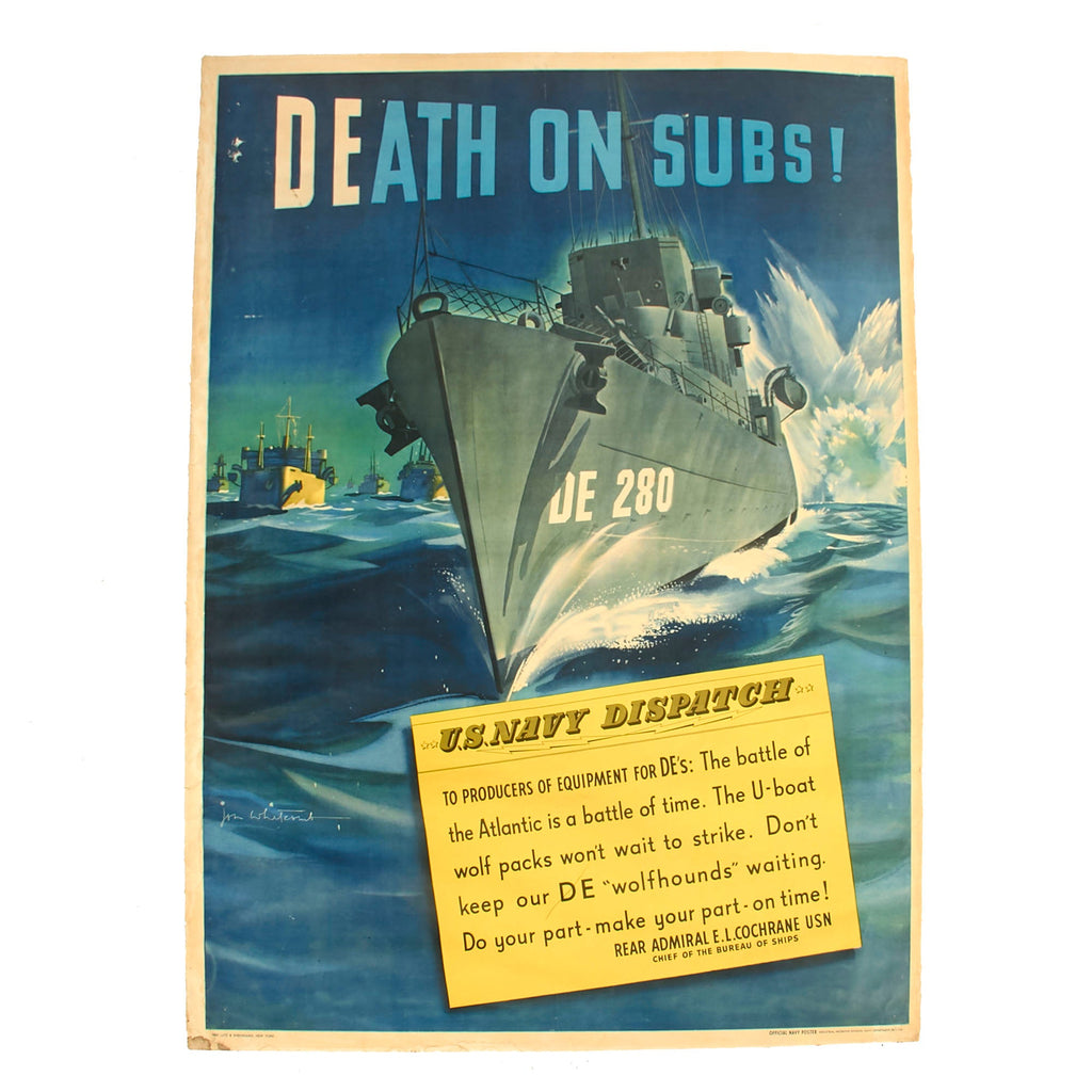 Original U.S. WWII “Death on Subs!” Linen-Backed Production Propaganda Poster - 29½ x 40” Original Items