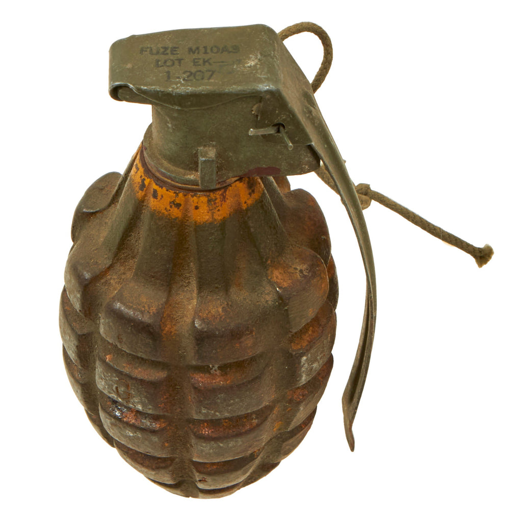 Original U.S. WWII Inert MkII Pineapple Practice Grenade with Yellow Ring & M10A3 Fuze - Missing Pull Ring Original Items
