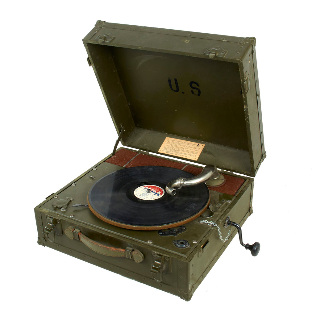 Original U.S. WWII U.S. Army Phonograph Player by Boetsch Brothers with 1947 U.S. Special Services Cowboy Medley Record Original Items