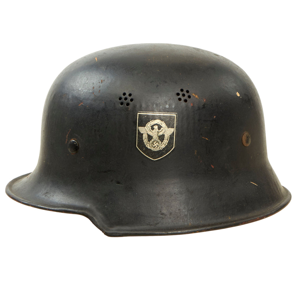 Original German WWII M34 Square Dip NSDAP Double Decal Civic Police Steel Helmet with Liner & Chinstrap - Ordnungspolizei Original Items