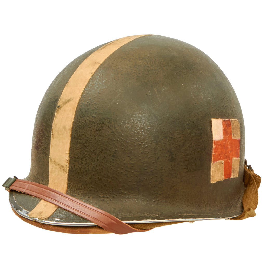Original U.S. WWII 1943 Medic M1 McCord Front Seam Fixed Bale Helmet with Scarce Matching Hawley Paper Liner - Medical Tape Used for Insignia Original Items