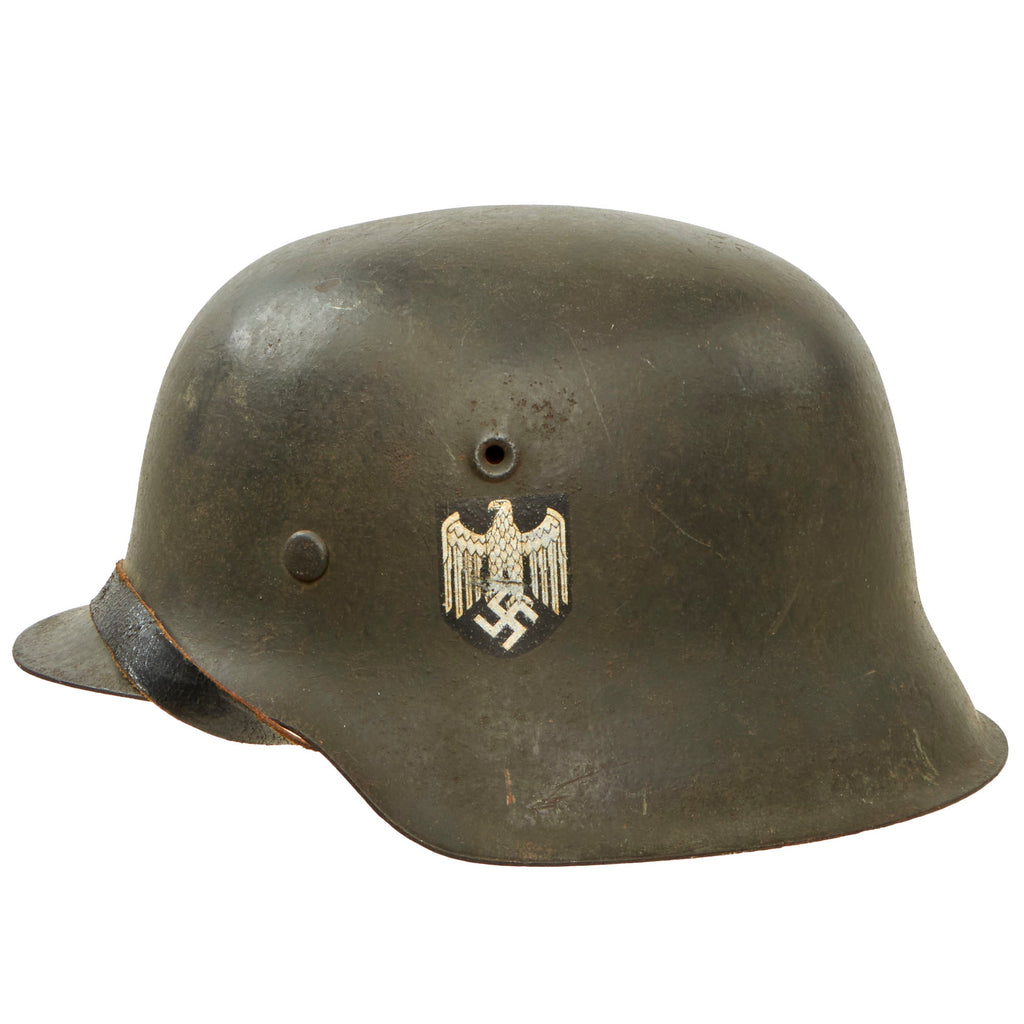 Original German WWII Large M42 Single Decal Army Heer Helmet with 58cm Liner & Chinstrap - Stamped ET66 Original Items