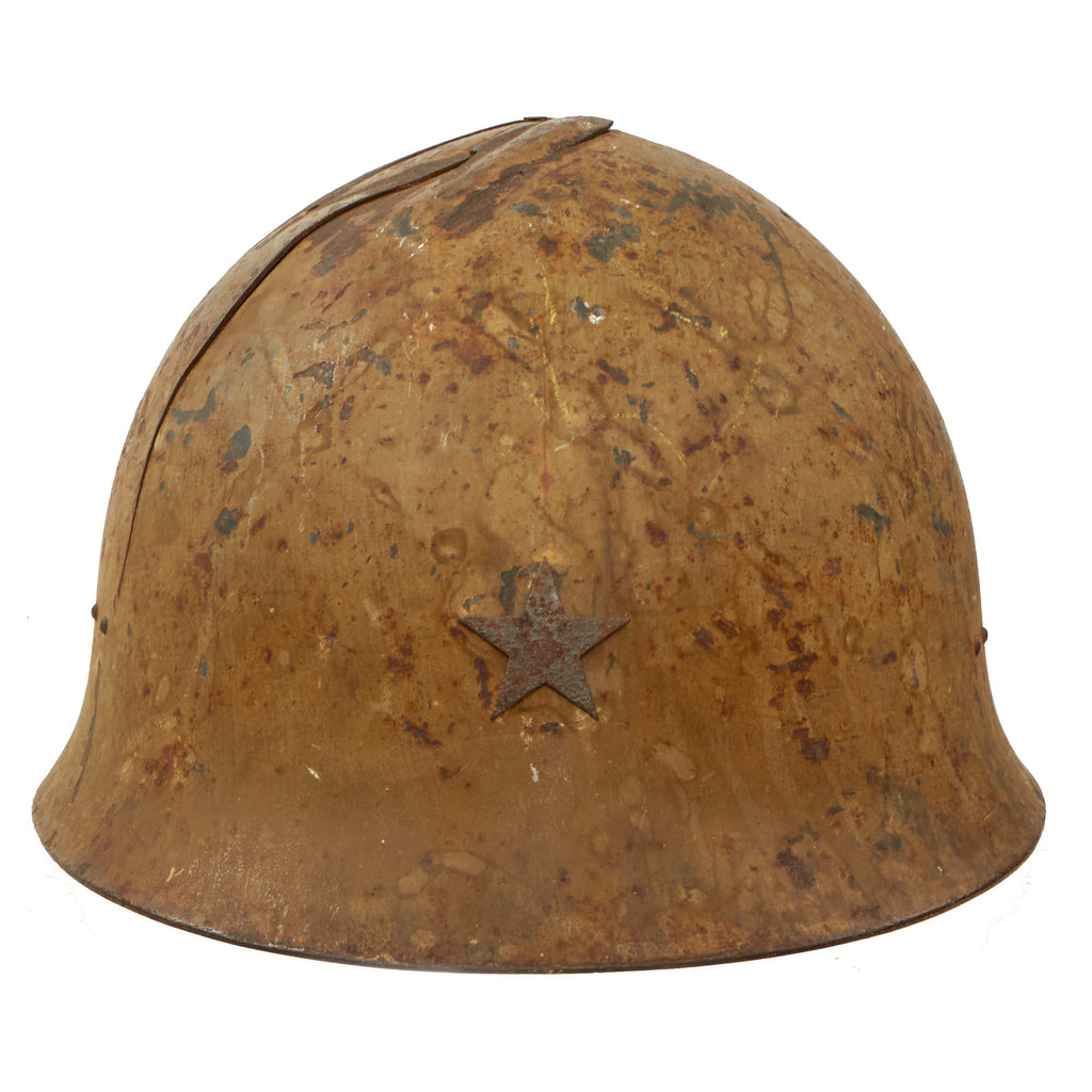Original Japanese WWII Type 90 Army Tetsubo Helmet with Heavy Battle Damage - Replacement Liner and Chinstrap Original Items