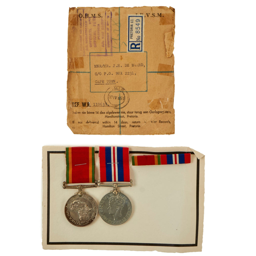 Original South African WWII Engraved 1939-1945 War Medal & WWII Africa Service Medal & Ribbons with Original Shipping Envelope Original Items