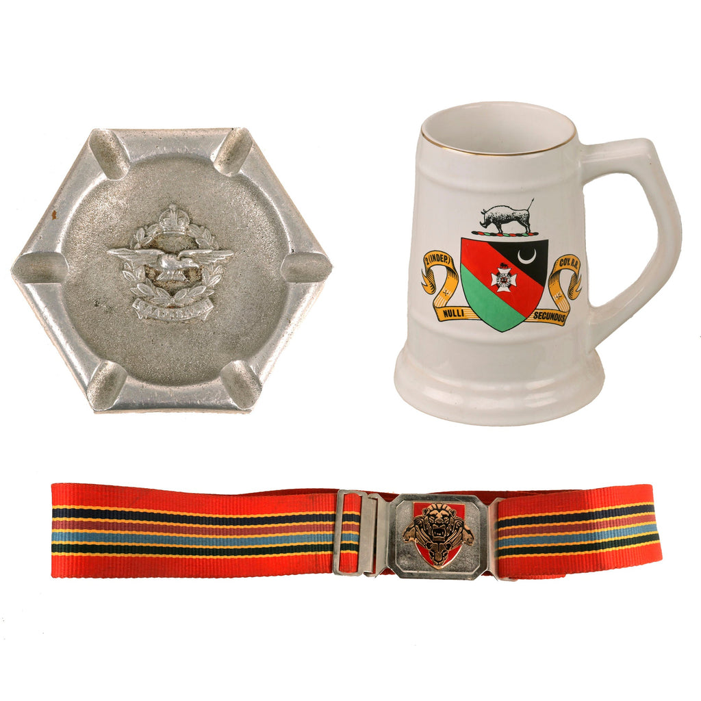 Original Rhodesian WWII & Bush War Lot Including 2nd Ind. Coy Mug & WWII South African Air Force Ashtray - SANDF Pride of the Lions Stable Belt Original Items