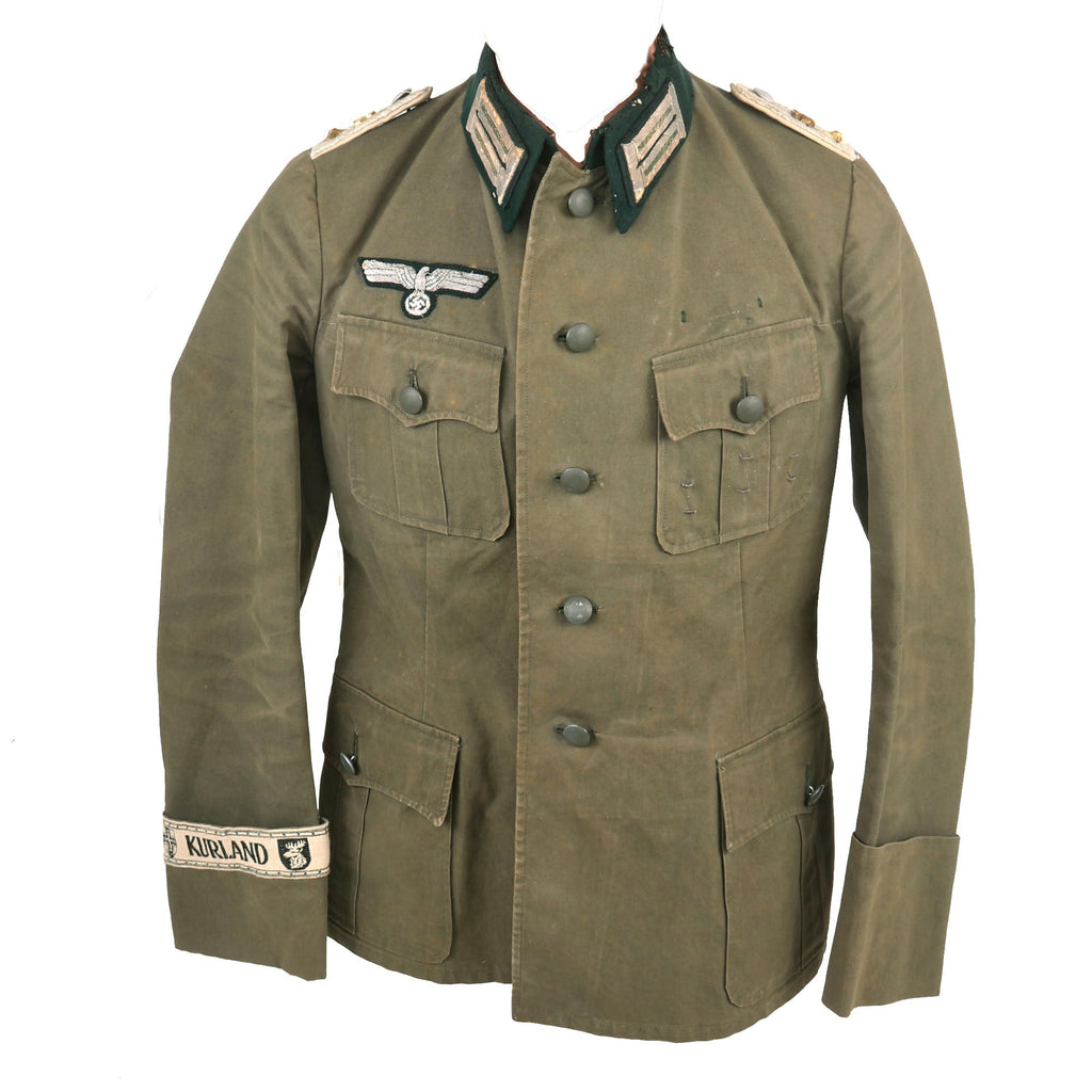 Original German WWII Heer Infantry Oberleutnant Officer Summer Weight M36 Field Tunic by Wilhelm Holters with Rare Kurland Cuff Title - Infanterie Regiment 32 Original Items