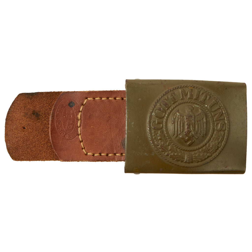 Original German WWII Army Heer EM/NCO Steel Belt Buckle by R. Sieper & Sohne with Leather Tab - dated 1942 Original Items
