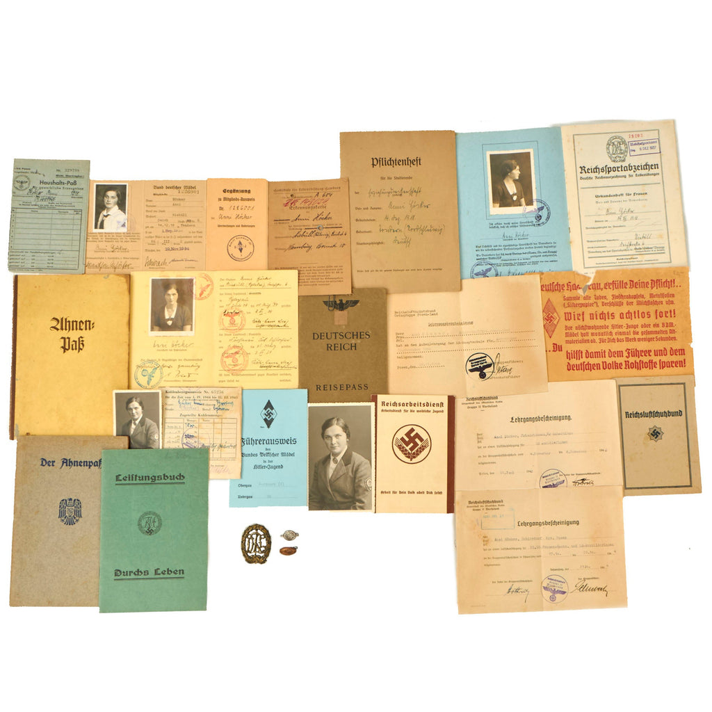 Original German WWII Female Labor Corps Ephemera Grouping - DRL Badge Original Items