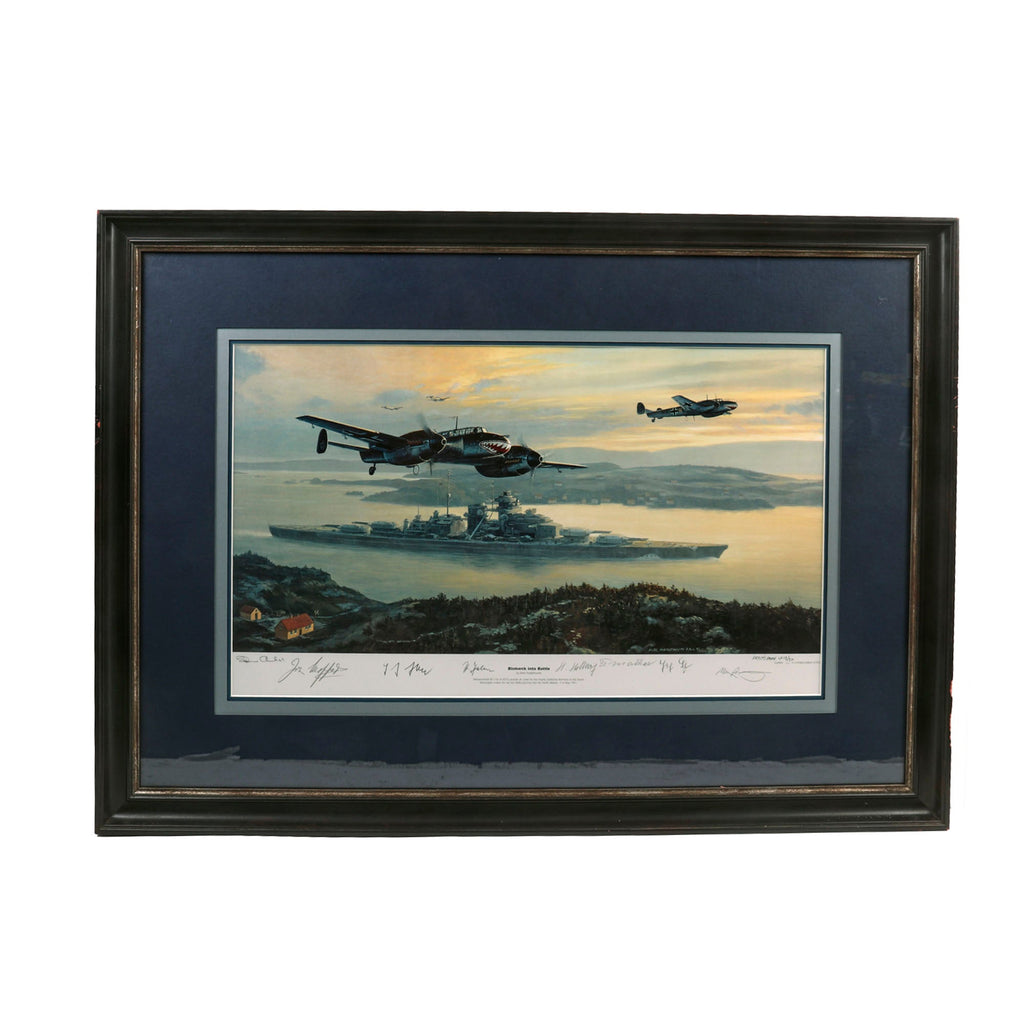Original Artist's Proof Print: “Bismarck into Battle” Painting Leaving Grimstadfjord in Norway; Signed by Artist, Me110 Pilot, 4 Bismarck Survivors, and 2 RAF Swordfish Pilots - 35 ½" x 25", in Museum Grade Frame Original Items