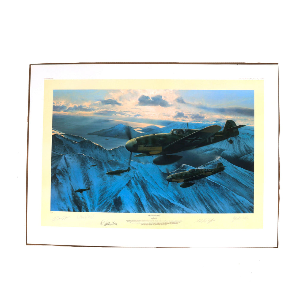 Original Artwork Print: “Arctic Hunters” Painting of German Me109 Aircraft over Norway; Signed by Artist and 4 German WWII Luftwaffe Veterans - 33 ⅞” x 23 ¼” Original Items