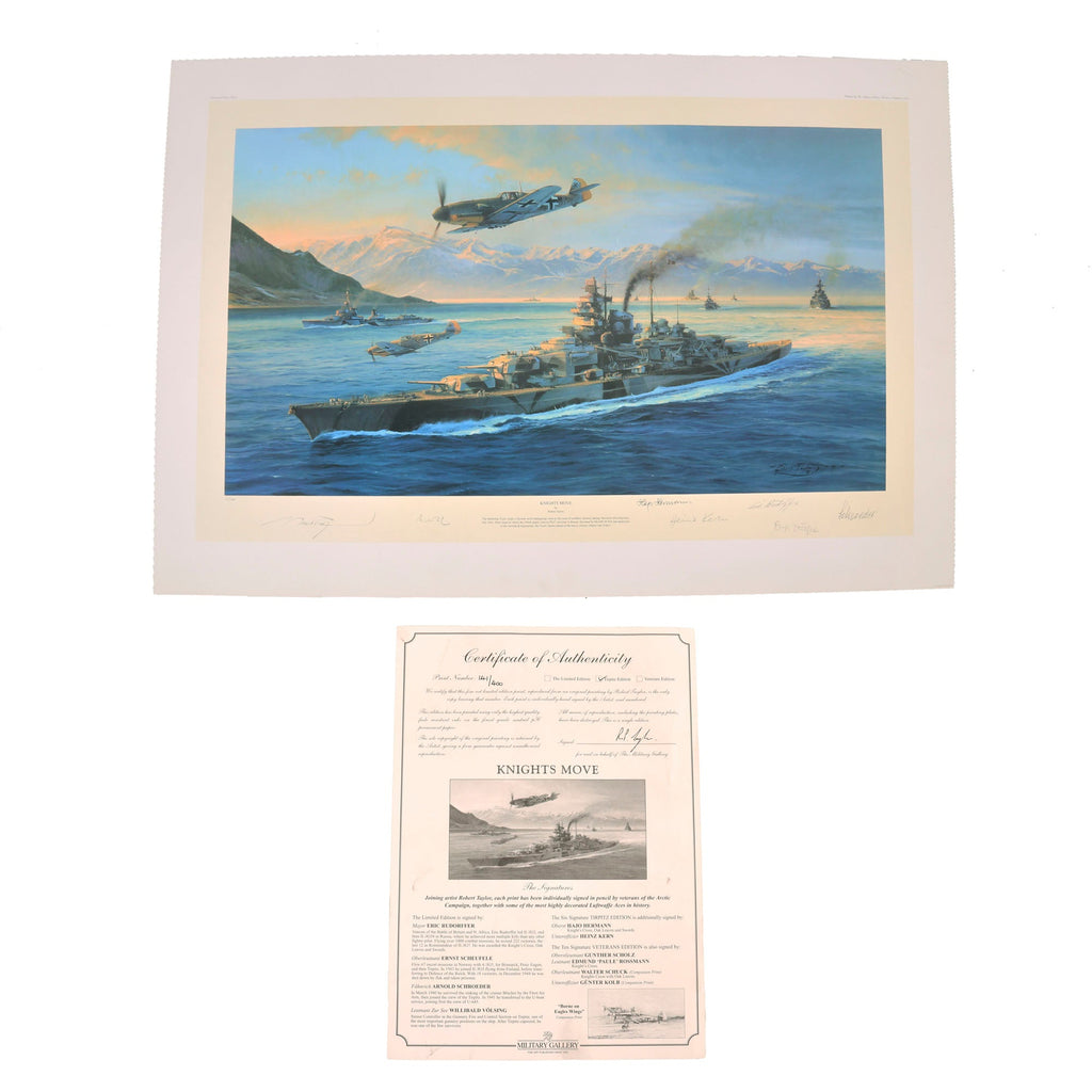 Original Artwork Print: “Knights Move” Painting of The Battleship Tirpitz during Operation Rösselsprung; Signed by Artist and 6 WWII German Kriegsmarine Veterans - 35 ¾” × 23 ⅝” Original Items