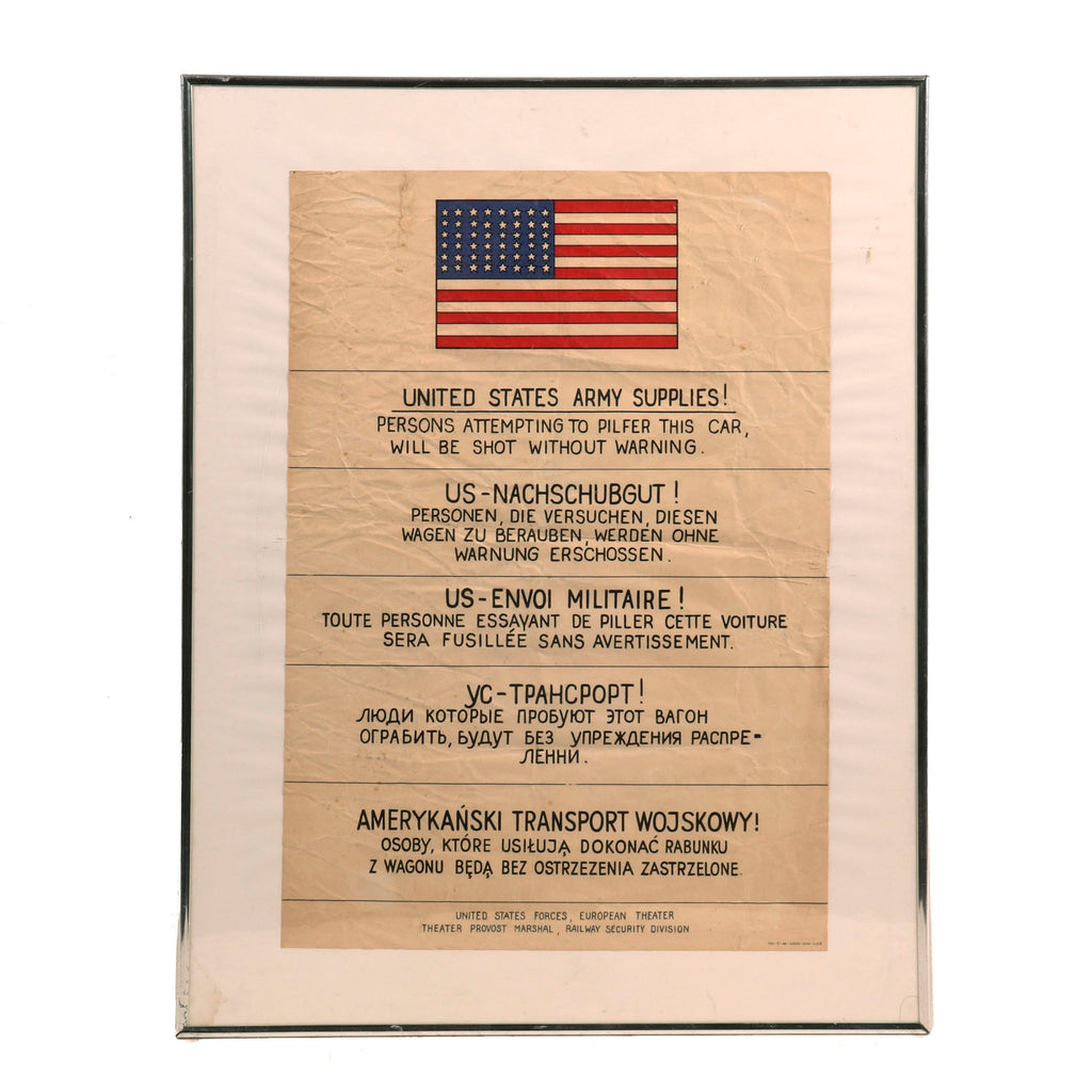 Original U.S. WWII Framed Occupation Railway Security Poster in Five Languages - European Theater - 16 x 20” Original Items
