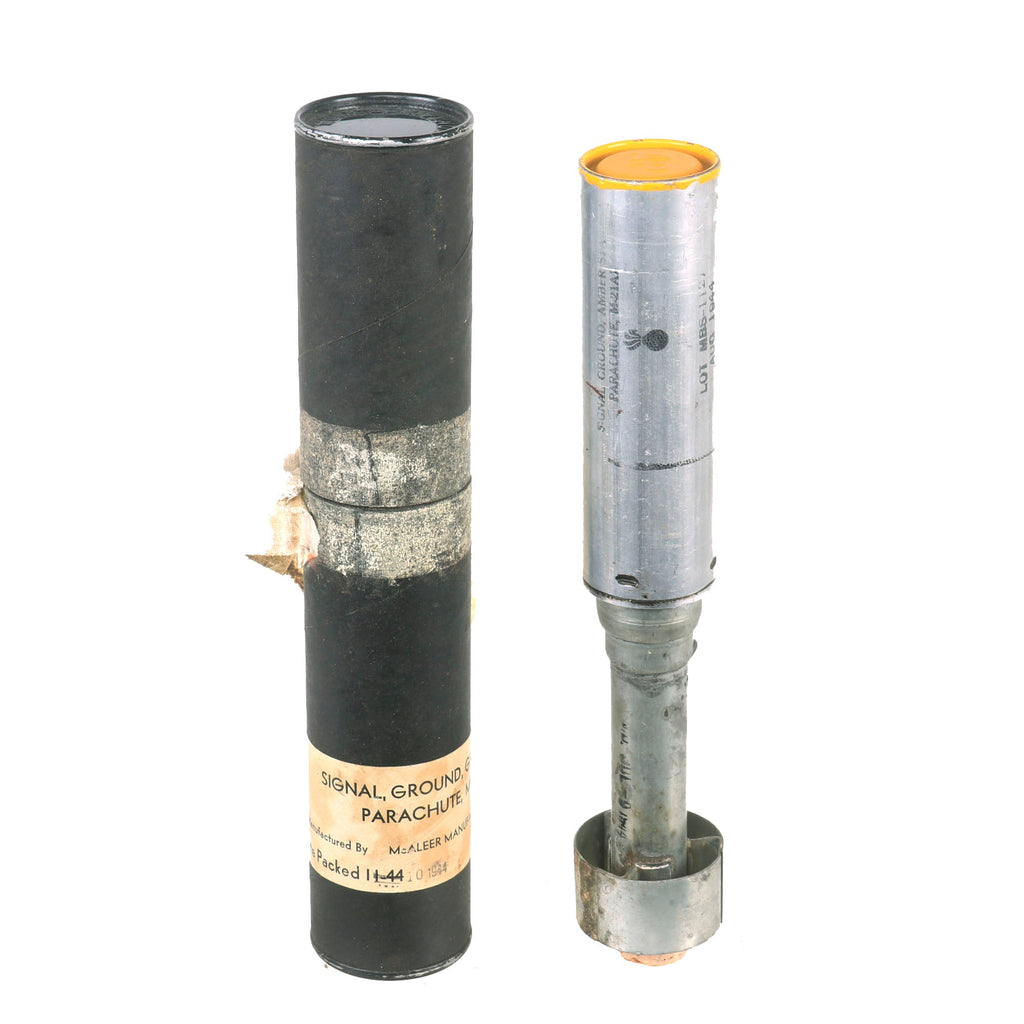 Original U.S. WWII M21A1 Amber Star Signal Parachute Flare in Tube - Dated August & October 1944 Original Items