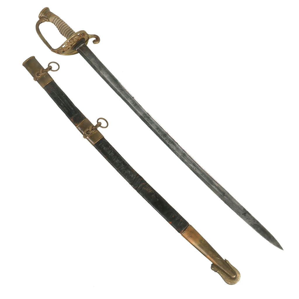 Original U.S. Civil War Model 1852 Officer’s Sword with Triple Etched French Blade by Klingenthal and Leather Scabbard Original Items
