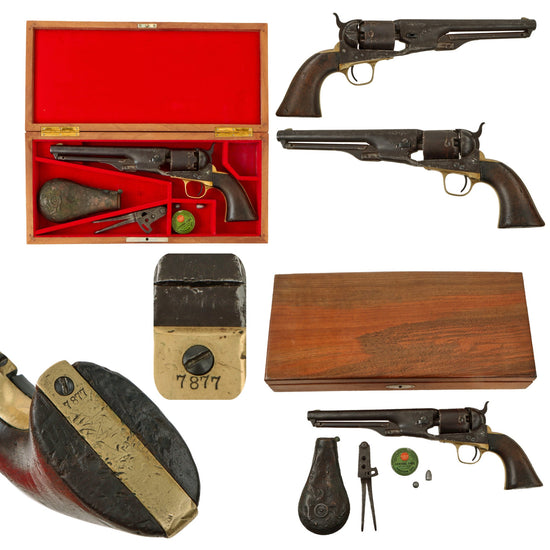 Original U.S. Civil War Colt Model 1861 Navy .36cal Percussion Revolver Made in 1862 with Custom Wood Case and Accessories - Serial 7877 Original Items