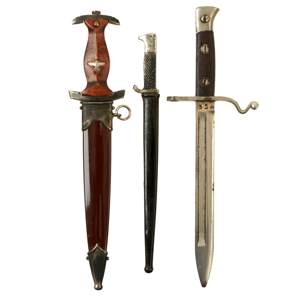Original German WWII - Post War Set of Three Miniature "Salesman's Sample" Edged Weapons - SA Dagger and Two Bayonets Original Items